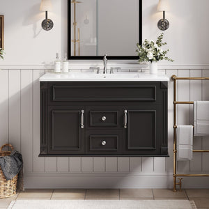 English Elm 36 Inch Floating Bathroom Vanity French Style Ceramic Sink Soft Close Storage Cabinet Black N710P458414B