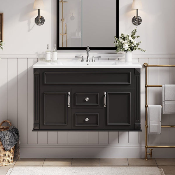 English Elm 36 Inch Floating Bathroom Vanity French Style Ceramic Sink Soft Close Storage Cabinet Black N710P458414B