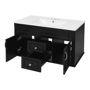 English Elm 36 Inch Floating Bathroom Vanity French Style Ceramic Sink Soft Close Storage Cabinet Black N710P458414B