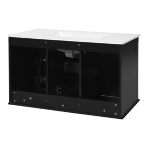 English Elm 36 Inch Floating Bathroom Vanity French Style Ceramic Sink Soft Close Storage Cabinet Black N710P458414B