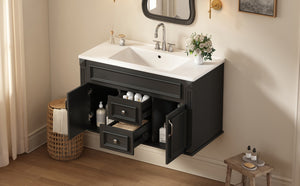 English Elm 36 Inch Floating Bathroom Vanity French Style Ceramic Sink Soft Close Storage Cabinet Black N710P458414B