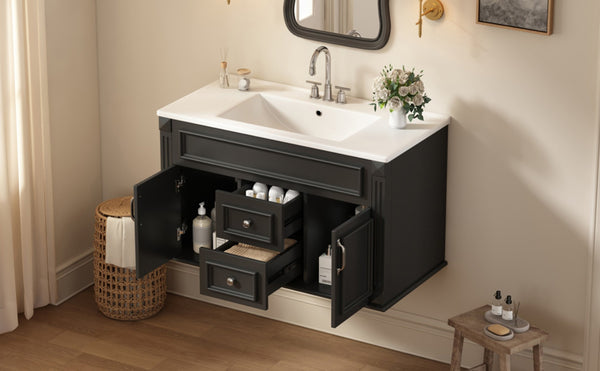 English Elm 36 Inch Floating Bathroom Vanity French Style Ceramic Sink Soft Close Storage Cabinet Black N710P458414B