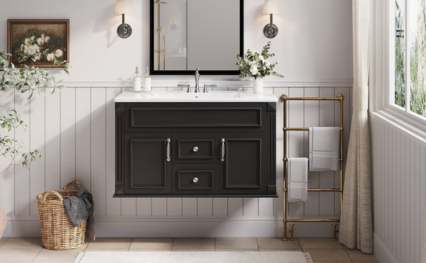 English Elm 36 Inch Floating Bathroom Vanity French Style Ceramic Sink Soft Close Storage Cabinet Black N710P458414B