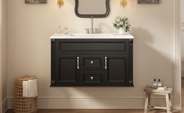 English Elm 36 Inch Floating Bathroom Vanity French Style Ceramic Sink Soft Close Storage Cabinet Black N710P458414B