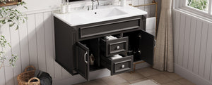 English Elm 36 Inch Floating Bathroom Vanity French Style Ceramic Sink Soft Close Storage Cabinet Black N710P458414B