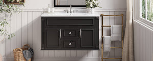 English Elm 36 Inch Floating Bathroom Vanity French Style Ceramic Sink Soft Close Storage Cabinet Black N710P458414B
