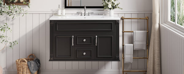 English Elm 36 Inch Floating Bathroom Vanity French Style Ceramic Sink Soft Close Storage Cabinet Black N710P458414B