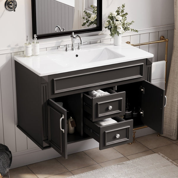 English Elm 36 Inch Floating Bathroom Vanity French Style Ceramic Sink Soft Close Storage Cabinet Black N710P458414B