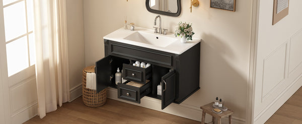 English Elm 36 Inch Floating Bathroom Vanity French Style Ceramic Sink Soft Close Storage Cabinet Black N710P458414B