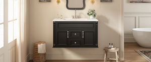 English Elm 36 Inch Floating Bathroom Vanity French Style Ceramic Sink Soft Close Storage Cabinet Black N710P458414B