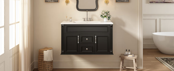 English Elm 36 Inch Floating Bathroom Vanity French Style Ceramic Sink Soft Close Storage Cabinet Black N710P458414B