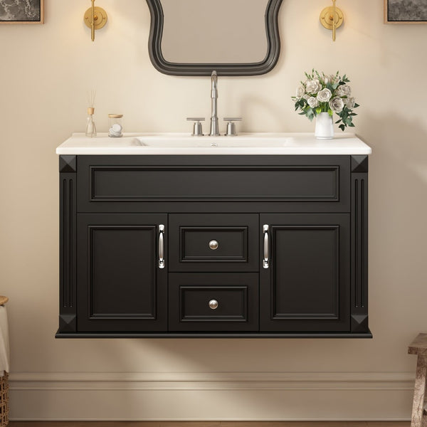 English Elm 36 Inch Floating Bathroom Vanity French Style Ceramic Sink Soft Close Storage Cabinet Black N710P458414B