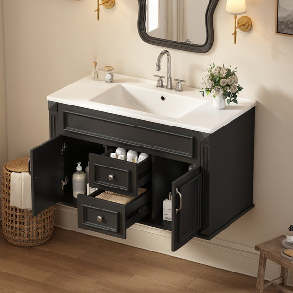 English Elm 36 Inch Floating Bathroom Vanity French Style Ceramic Sink Soft Close Storage Cabinet Black N710P458414B