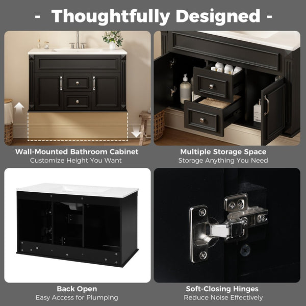 English Elm 36 Inch Floating Bathroom Vanity French Style Ceramic Sink Soft Close Storage Cabinet Black N710P458414B