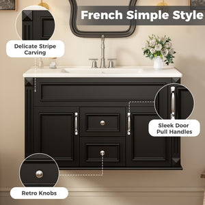 English Elm 36 Inch Floating Bathroom Vanity French Style Ceramic Sink Soft Close Storage Cabinet Black N710P458414B