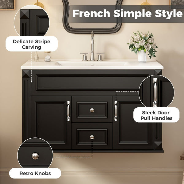 English Elm 36 Inch Floating Bathroom Vanity French Style Ceramic Sink Soft Close Storage Cabinet Black N710P458414B