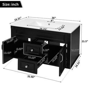 English Elm 36 Inch Floating Bathroom Vanity French Style Ceramic Sink Soft Close Storage Cabinet Black N710P458414B