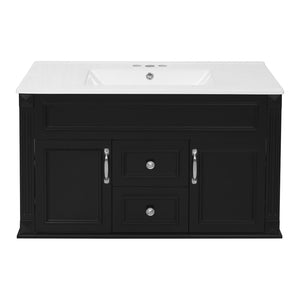 English Elm 36 Inch Floating Bathroom Vanity French Style Ceramic Sink Soft Close Storage Cabinet Black N710P458414B