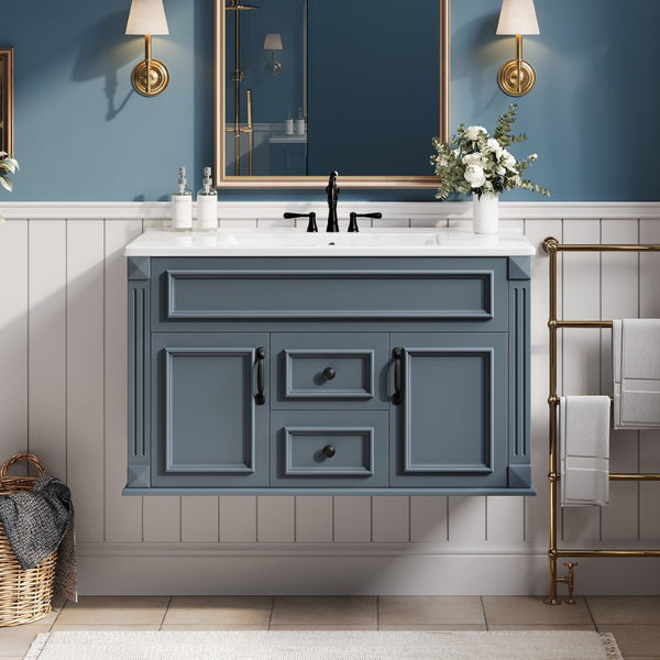 English Elm 36 Inch Floating Bathroom Vanity French Style Ceramic Sink Soft Close Storage Cabinet Blue N710P458414C