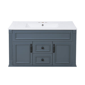 English Elm 36 Inch Floating Bathroom Vanity French Style Ceramic Sink Soft Close Storage Cabinet Blue N710P458414C