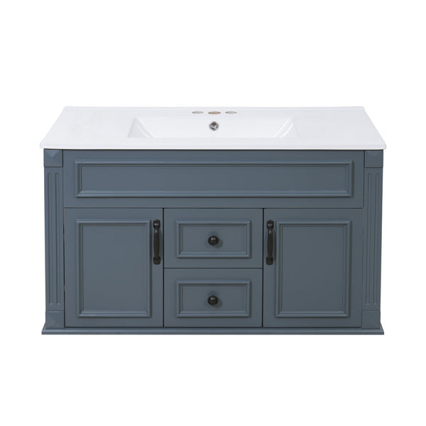 English Elm 36 Inch Floating Bathroom Vanity French Style Ceramic Sink Soft Close Storage Cabinet Blue N710P458414C