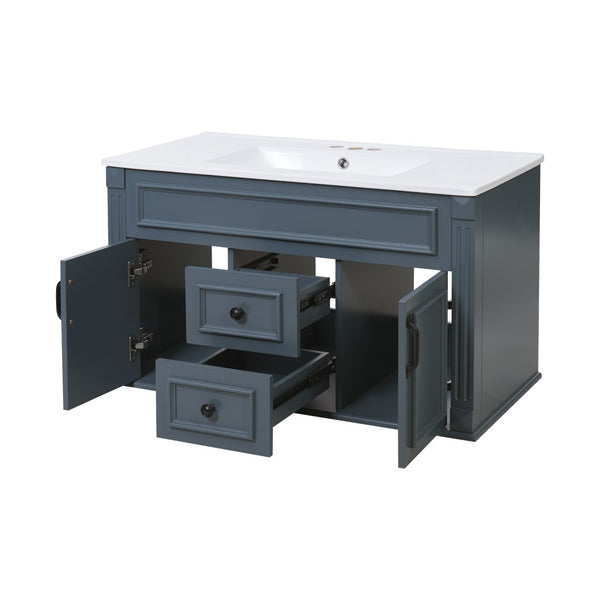 English Elm 36 Inch Floating Bathroom Vanity French Style Ceramic Sink Soft Close Storage Cabinet Blue N710P458414C