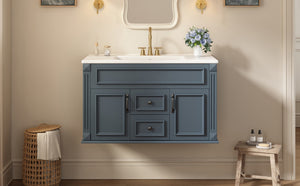 English Elm 36 Inch Floating Bathroom Vanity French Style Ceramic Sink Soft Close Storage Cabinet Blue N710P458414C