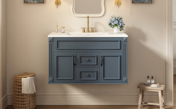 English Elm 36 Inch Floating Bathroom Vanity French Style Ceramic Sink Soft Close Storage Cabinet Blue N710P458414C
