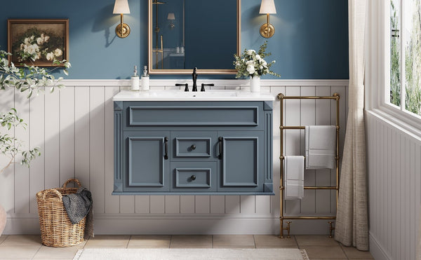 English Elm 36 Inch Floating Bathroom Vanity French Style Ceramic Sink Soft Close Storage Cabinet Blue N710P458414C
