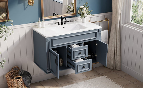 English Elm 36 Inch Floating Bathroom Vanity French Style Ceramic Sink Soft Close Storage Cabinet Blue N710P458414C