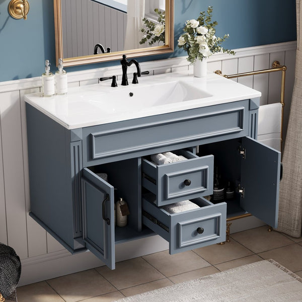 English Elm 36 Inch Floating Bathroom Vanity French Style Ceramic Sink Soft Close Storage Cabinet Blue N710P458414C