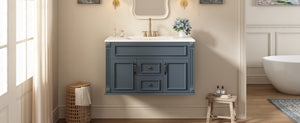 English Elm 36 Inch Floating Bathroom Vanity French Style Ceramic Sink Soft Close Storage Cabinet Blue N710P458414C