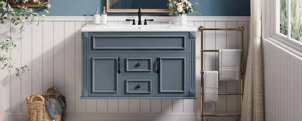English Elm 36 Inch Floating Bathroom Vanity French Style Ceramic Sink Soft Close Storage Cabinet Blue N710P458414C