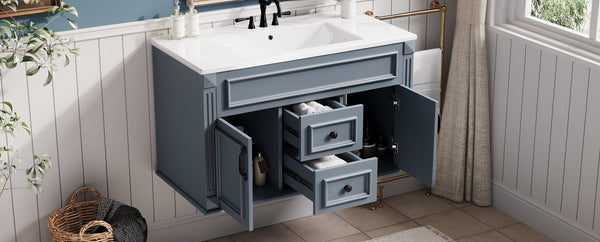 English Elm 36 Inch Floating Bathroom Vanity French Style Ceramic Sink Soft Close Storage Cabinet Blue N710P458414C