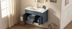 English Elm 36 Inch Floating Bathroom Vanity French Style Ceramic Sink Soft Close Storage Cabinet Blue N710P458414C