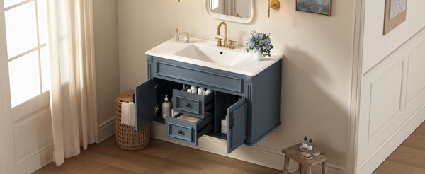English Elm 36 Inch Floating Bathroom Vanity French Style Ceramic Sink Soft Close Storage Cabinet Blue N710P458414C