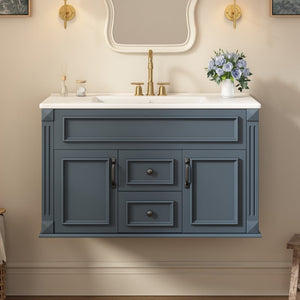 English Elm 36 Inch Floating Bathroom Vanity French Style Ceramic Sink Soft Close Storage Cabinet Blue N710P458414C