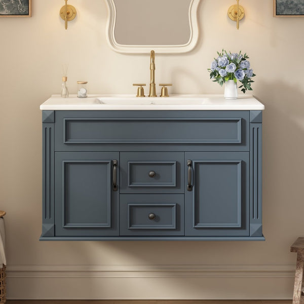 English Elm 36 Inch Floating Bathroom Vanity French Style Ceramic Sink Soft Close Storage Cabinet Blue N710P458414C