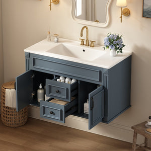 English Elm 36 Inch Floating Bathroom Vanity French Style Ceramic Sink Soft Close Storage Cabinet Blue N710P458414C