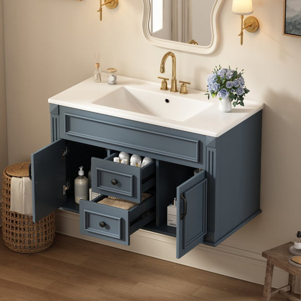 English Elm 36 Inch Floating Bathroom Vanity French Style Ceramic Sink Soft Close Storage Cabinet Blue N710P458414C