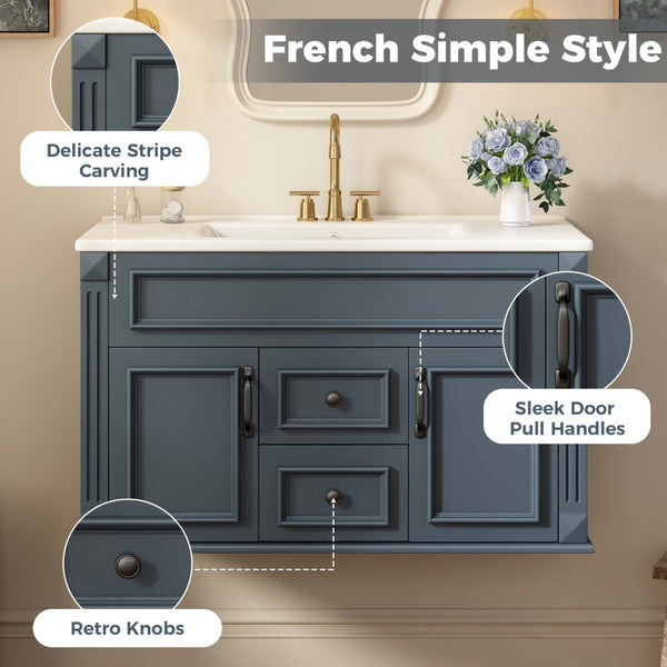 English Elm 36 Inch Floating Bathroom Vanity French Style Ceramic Sink Soft Close Storage Cabinet Blue N710P458414C