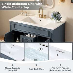 English Elm 36 Inch Floating Bathroom Vanity French Style Ceramic Sink Soft Close Storage Cabinet Blue N710P458414C