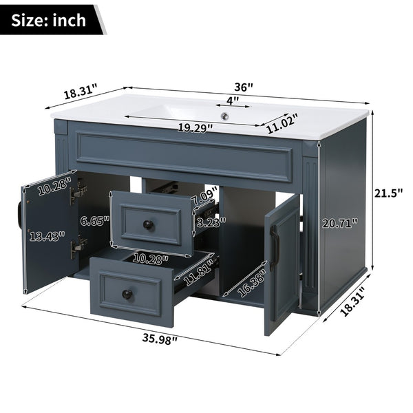 English Elm 36 Inch Floating Bathroom Vanity French Style Ceramic Sink Soft Close Storage Cabinet Blue N710P458414C