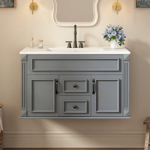 English Elm 36 Inch Floating Bathroom Vanity French Style Ceramic Sink Soft Close Storage Cabinet Gray N710P458414E
