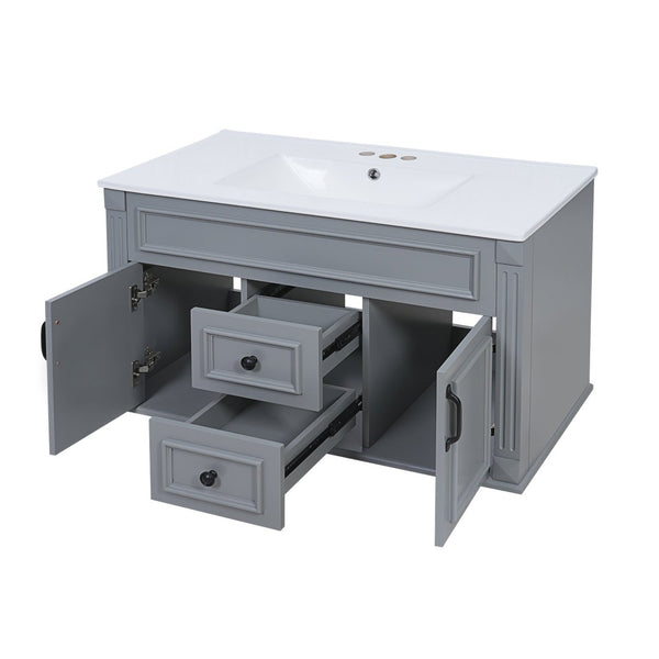 English Elm 36 Inch Floating Bathroom Vanity French Style Ceramic Sink Soft Close Storage Cabinet Gray N710P458414E