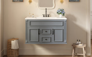 English Elm 36 Inch Floating Bathroom Vanity French Style Ceramic Sink Soft Close Storage Cabinet Gray N710P458414E