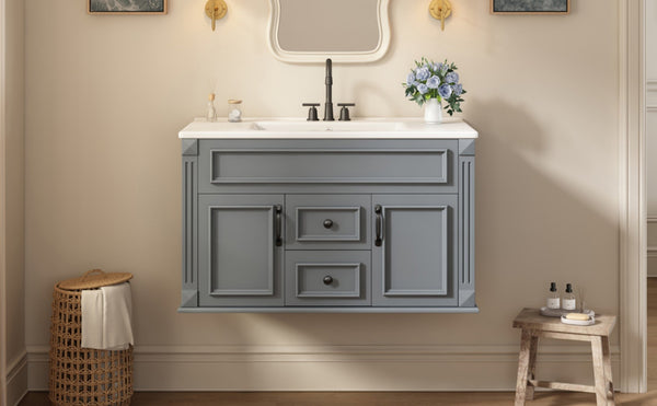 English Elm 36 Inch Floating Bathroom Vanity French Style Ceramic Sink Soft Close Storage Cabinet Gray N710P458414E