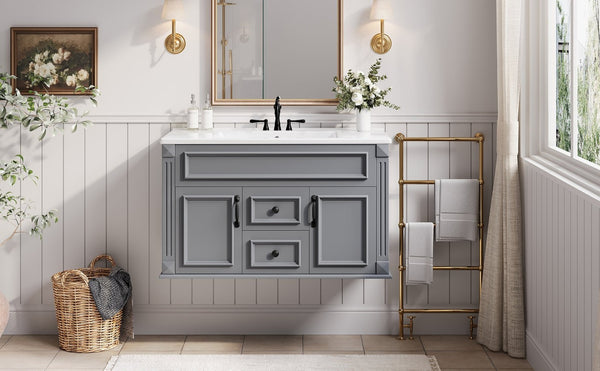 English Elm 36 Inch Floating Bathroom Vanity French Style Ceramic Sink Soft Close Storage Cabinet Gray N710P458414E