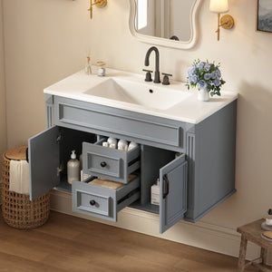 English Elm 36 Inch Floating Bathroom Vanity French Style Ceramic Sink Soft Close Storage Cabinet Gray N710P458414E