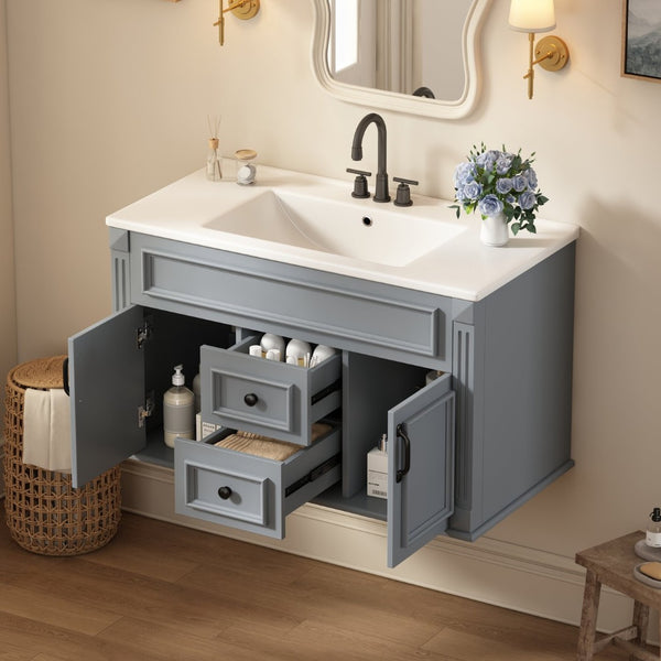 English Elm 36 Inch Floating Bathroom Vanity French Style Ceramic Sink Soft Close Storage Cabinet Gray N710P458414E